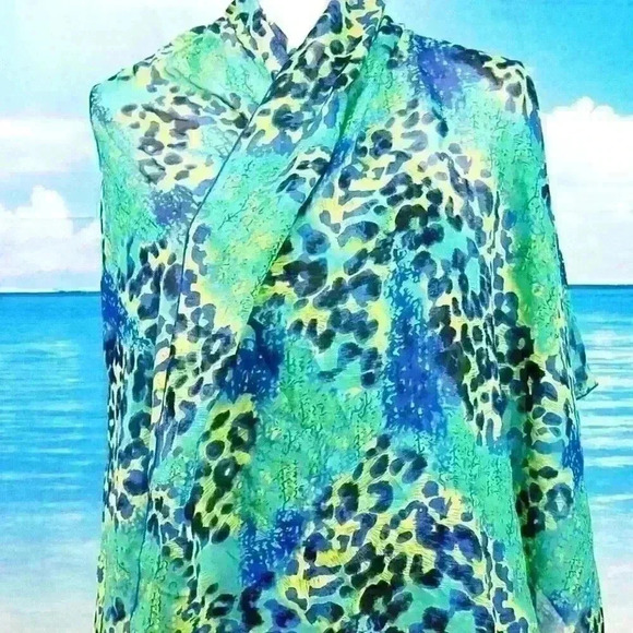 GREEN/BLUE COLORFUL Womans SHEER Scarf REVERSIBLE Hajib Shoulder Rectangle Wrap - Picture 4 of 8